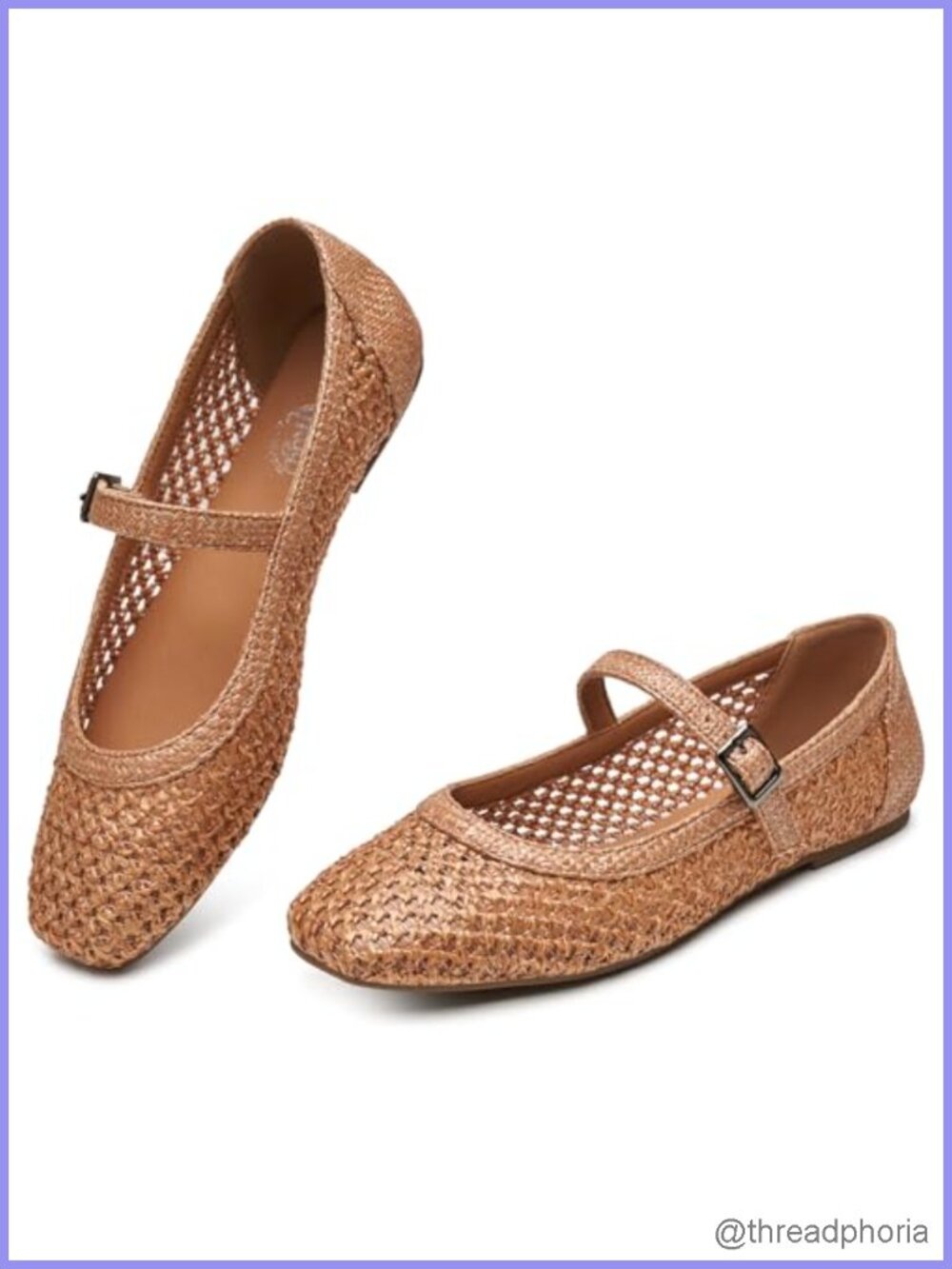 Woven Mary Jane Flats Squared Toe Adjustable Buckle Ballet Shoes